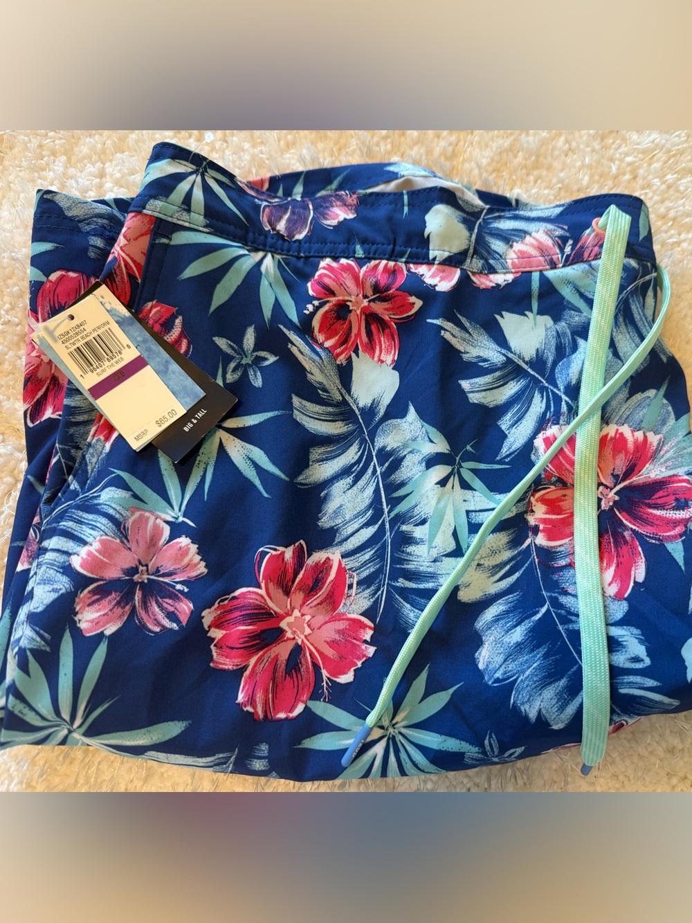 Izod Blue Floral Swim Trunks with Mint Drawstring